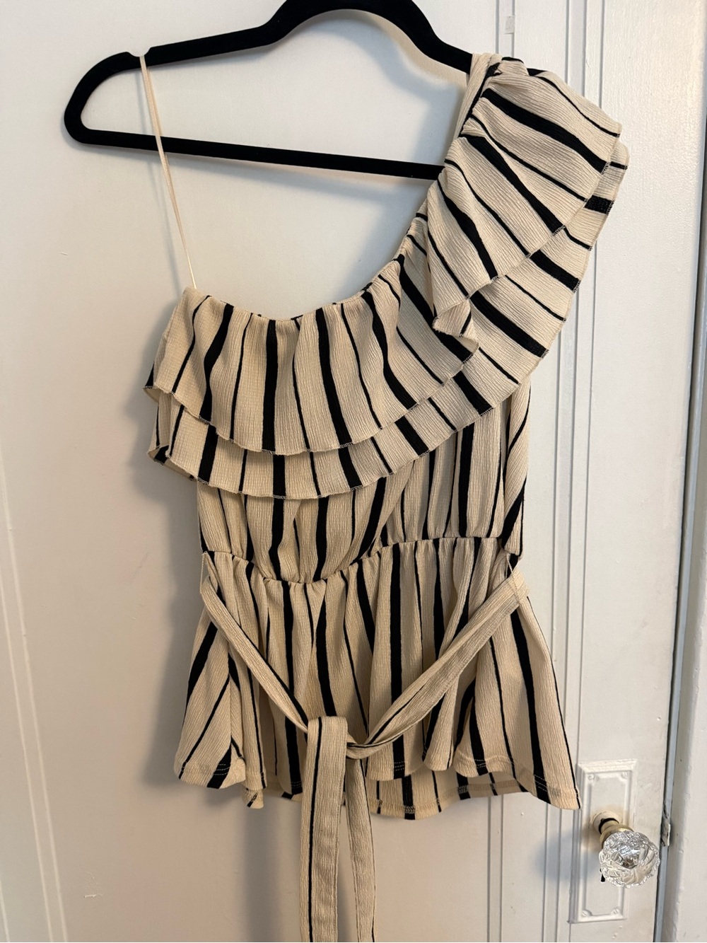 Anthropologie Maeve One-Shoulder Ruffle Striped Peplum Top - Cream & Black